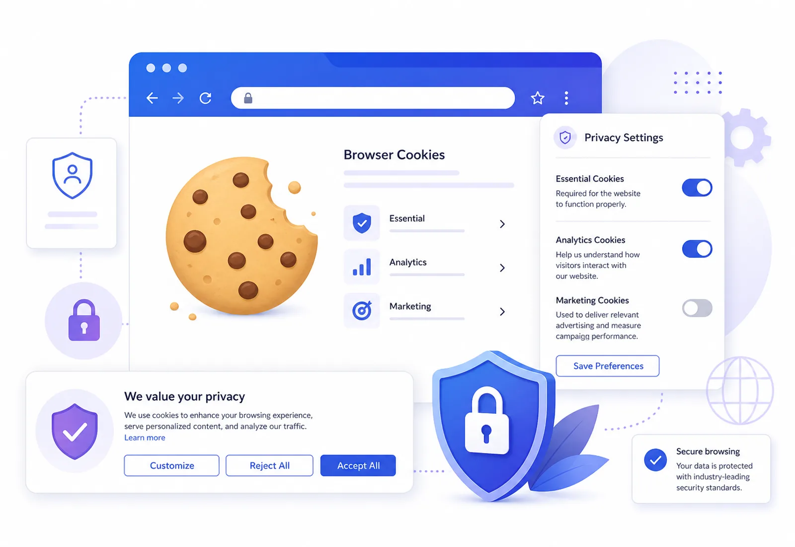 Browser cookies, privacy settings and consent banner illustration