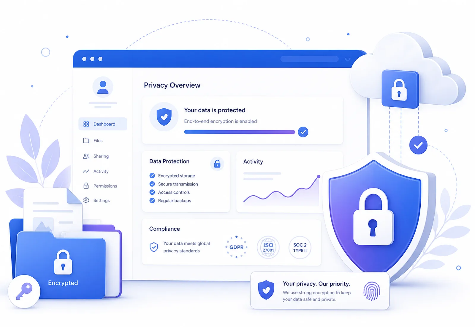 Privacy shield, cloud security and browser dashboard illustration