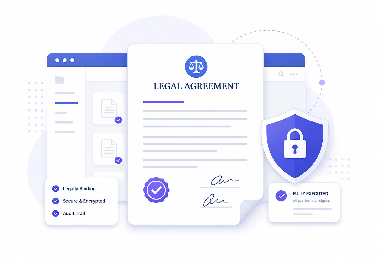 Digital agreement, documents and security shield illustration